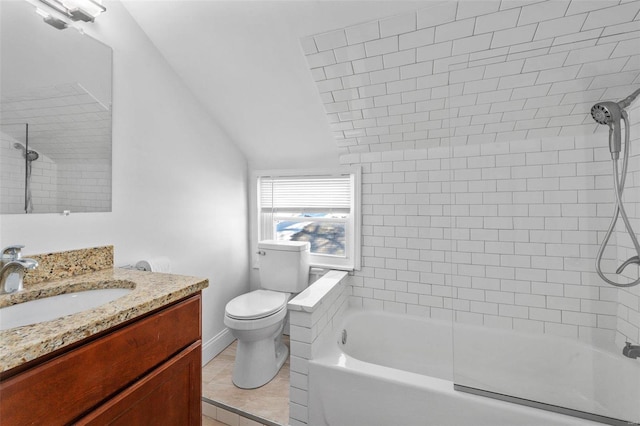 full bathroom featuring lofted ceiling, shower / bath combination, toilet, vanity, and baseboards