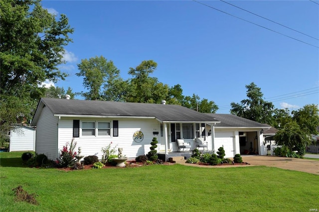 single story home with a porch, a garage, and a front lawn