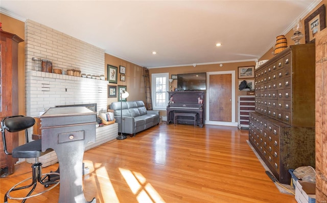 living room with light wood-type flooring and crown molding