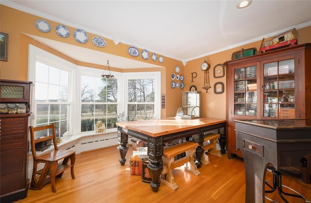 dining area featuring a baseboard radiator, light hardwood / wood-style flooring, and crown molding