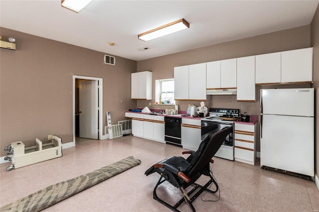 kitchen with white cabinets and white appliances