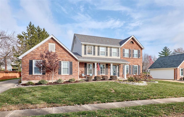 colonial home featuring covered porch, fence, brick siding, and a front yard