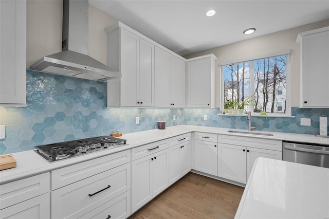 kitchen with sink, appliances with stainless steel finishes, white cabinets, and wall chimney exhaust hood