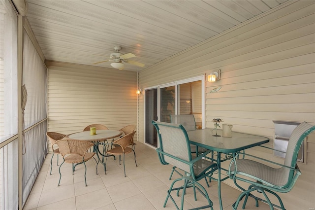 sunroom featuring ceiling fan and wood ceiling