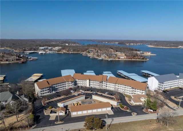 drone / aerial view with a water view