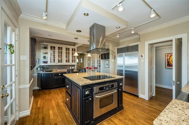 kitchen with hardwood / wood-style floors, ornamental molding, island exhaust hood, and appliances with stainless steel finishes