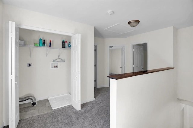 laundry room featuring carpet, hookup for a washing machine, and electric dryer hookup