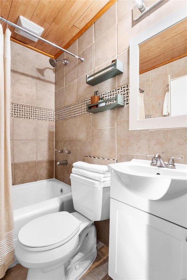 full bathroom featuring tasteful backsplash, vanity, tile walls, wooden ceiling, and toilet