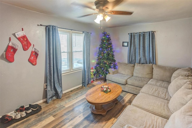 living room featuring ceiling fan and hardwood / wood-style flooring