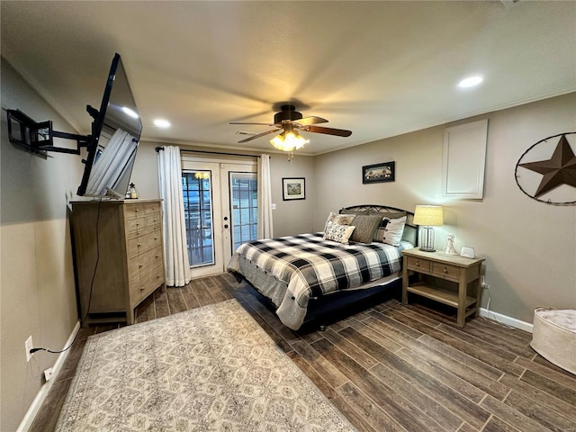 bedroom with access to outside, ceiling fan, french doors, and dark hardwood / wood-style floors