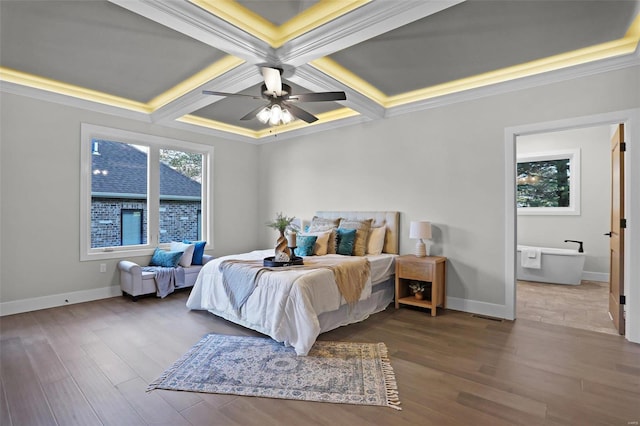 bedroom featuring ceiling fan, hardwood / wood-style floors, coffered ceiling, and ornamental molding