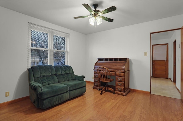 office area featuring ceiling fan and light hardwood / wood-style flooring