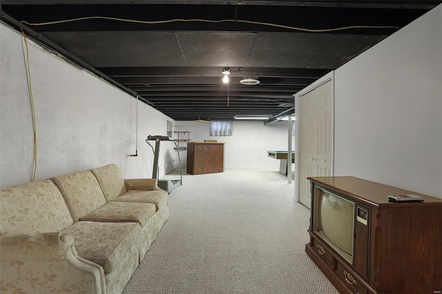 basement with light carpet and billiards