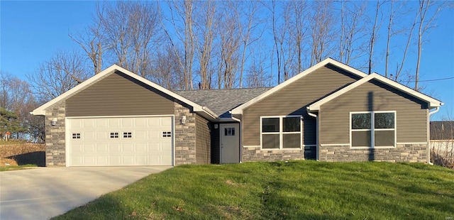 ranch-style house with a front yard and a garage