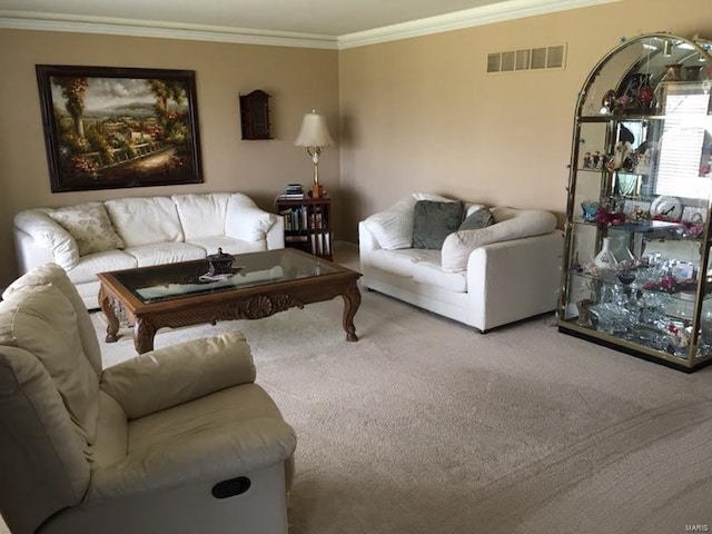 living room with carpet flooring and crown molding