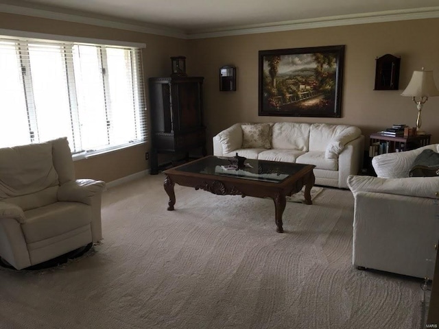 living room with light carpet and ornamental molding