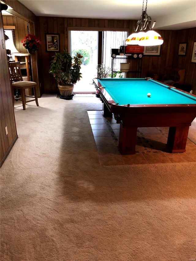 playroom featuring dark colored carpet, wood walls, and billiards