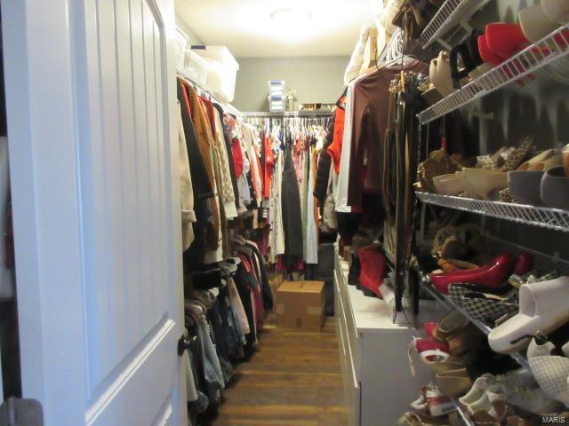 walk in closet featuring dark wood-type flooring