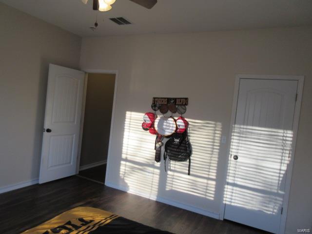 interior space featuring multiple windows, ceiling fan, and dark wood-type flooring