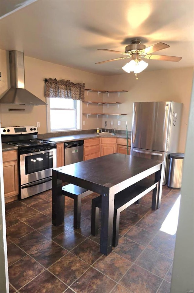 kitchen with ceiling fan, sink, stainless steel appliances, and wall chimney range hood