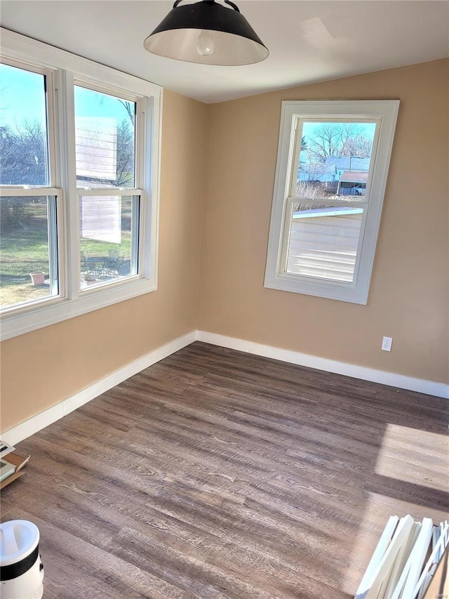 spare room featuring a healthy amount of sunlight and dark hardwood / wood-style flooring