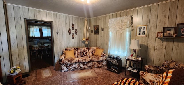 sitting room with wooden walls