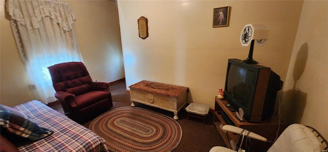 sitting room with dark colored carpet