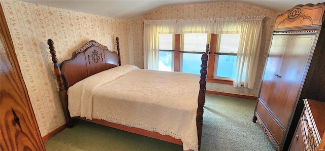 bedroom with carpet floors, vaulted ceiling, and a closet