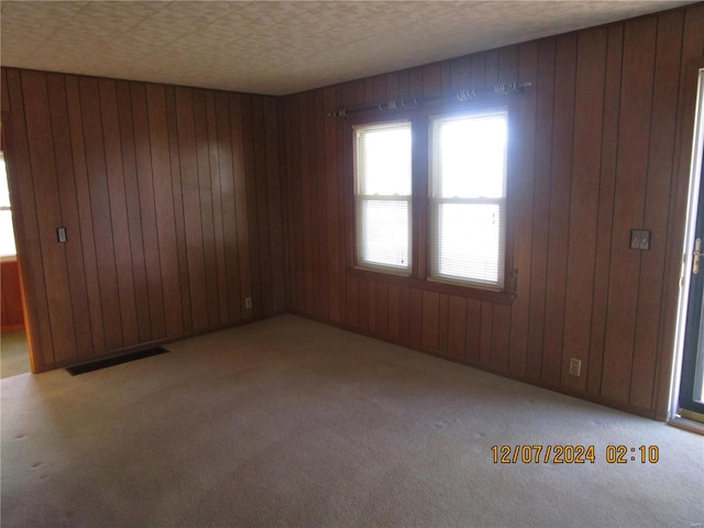 carpeted spare room featuring wooden walls