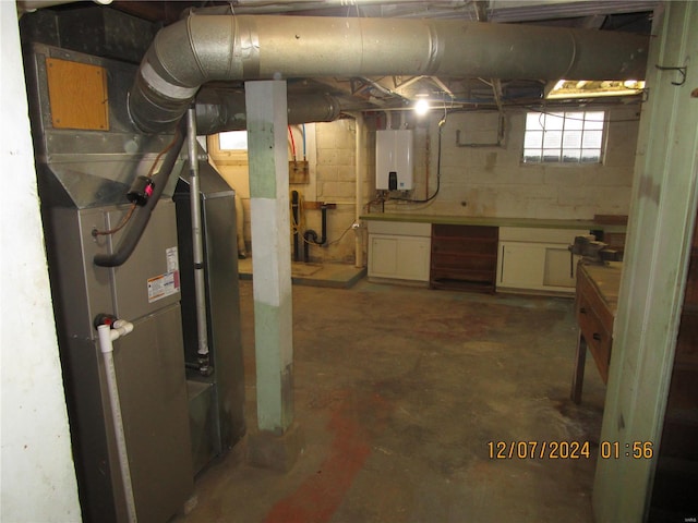 basement with tankless water heater