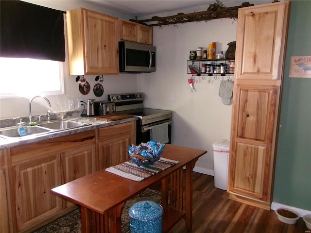 kitchen with dark hardwood / wood-style flooring, sink, stainless steel appliances, and light brown cabinets