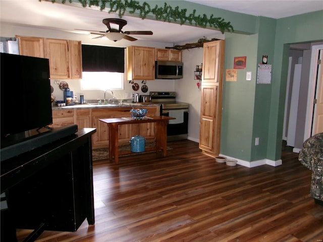 kitchen featuring dark hardwood / wood-style flooring, sink, range with electric cooktop, and light brown cabinetry