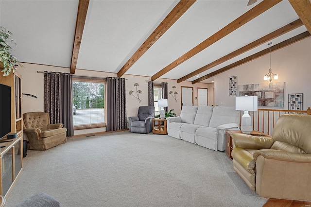 living room with carpet, lofted ceiling with beams, and a notable chandelier