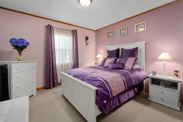 carpeted bedroom with ornamental molding