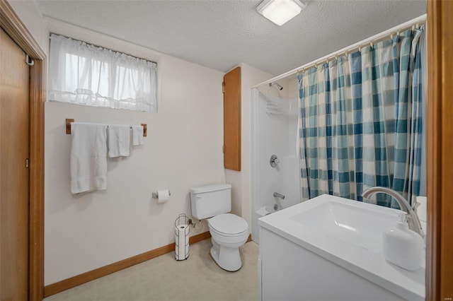 full bathroom with vanity, toilet, shower / bath combo with shower curtain, and a textured ceiling