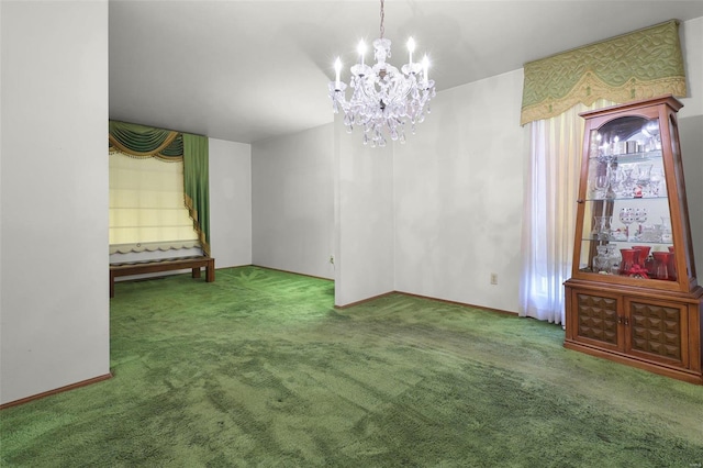 unfurnished dining area with carpet floors and an inviting chandelier