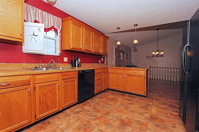 kitchen with lofted ceiling, sink, decorative light fixtures, black dishwasher, and a notable chandelier