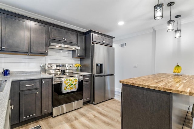 kitchen featuring decorative backsplash, ornamental molding, stainless steel appliances, light hardwood / wood-style flooring, and butcher block counters