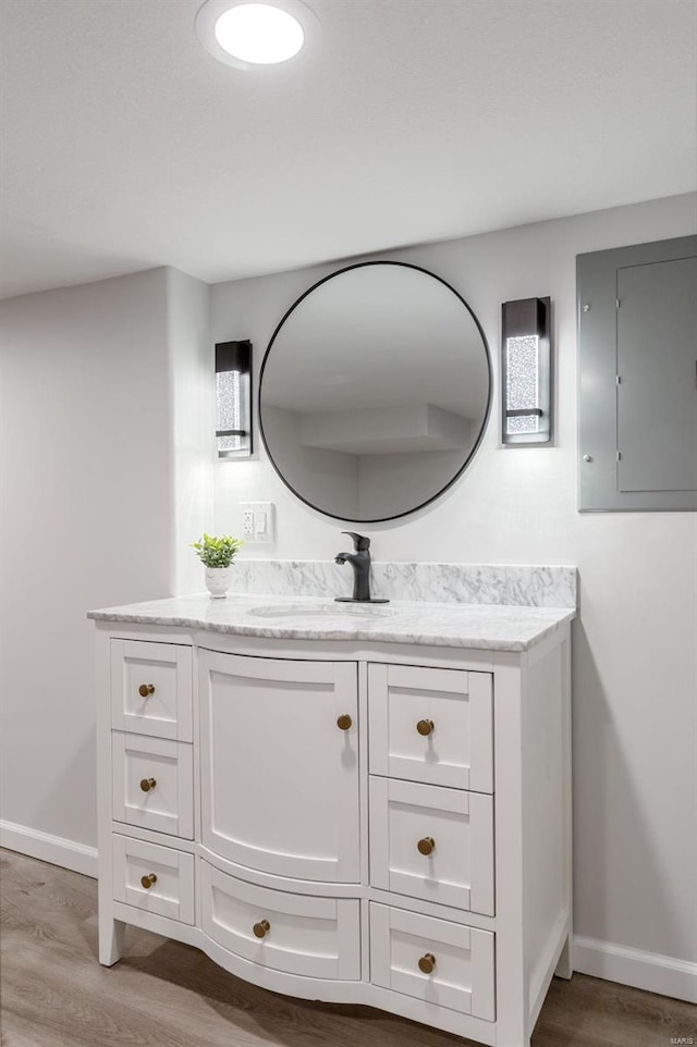 bathroom with hardwood / wood-style flooring, vanity, and electric panel