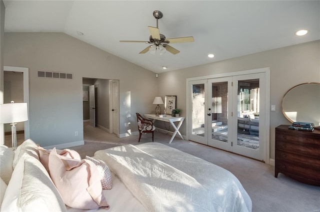 carpeted bedroom with ceiling fan, lofted ceiling, access to outside, and french doors