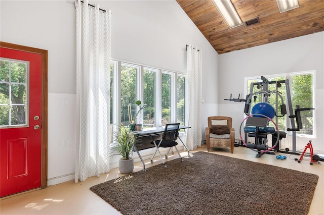 workout area featuring a wealth of natural light, high vaulted ceiling, and wooden ceiling