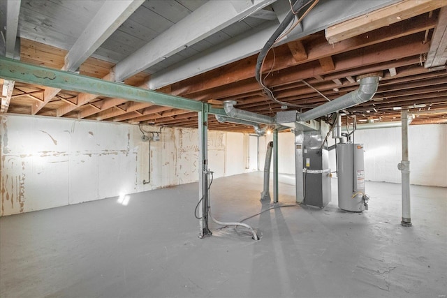 basement with heating unit and water heater