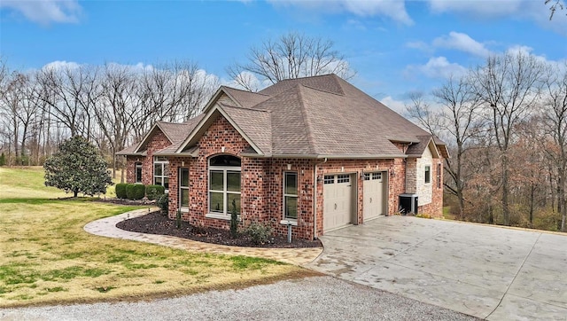 view of property exterior with a lawn, cooling unit, and a garage