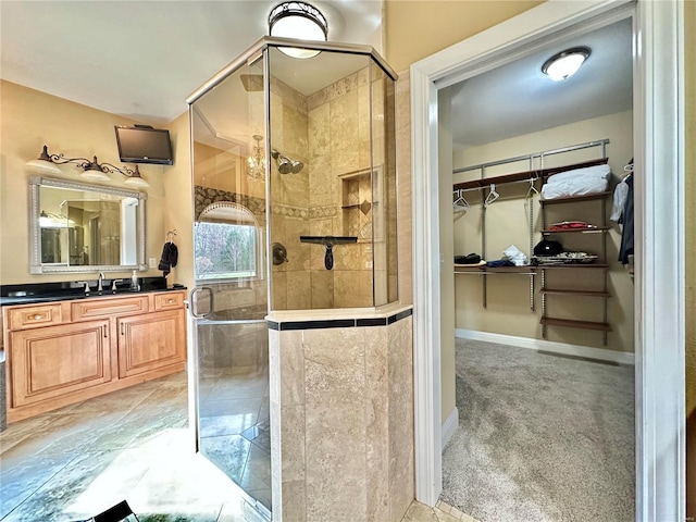 bathroom featuring vanity and a shower with shower door