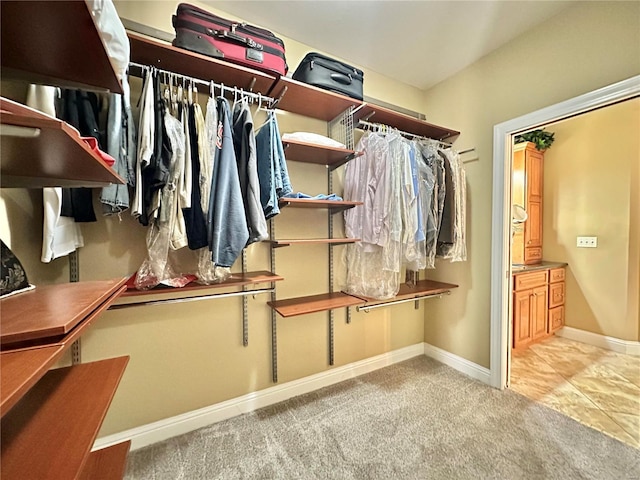 walk in closet with light carpet