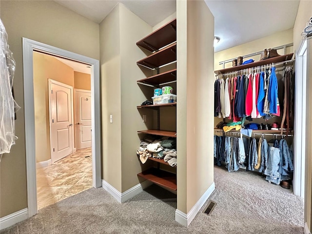 spacious closet featuring light colored carpet