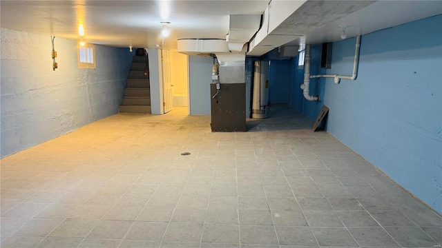 basement with heating unit and water heater