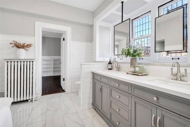 bathroom with vanity, toilet, and radiator heating unit