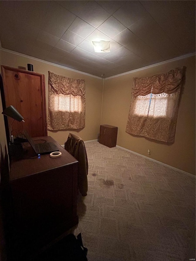 carpeted bedroom with ornamental molding