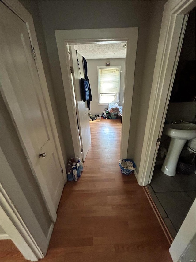 corridor featuring hardwood / wood-style floors and a textured ceiling